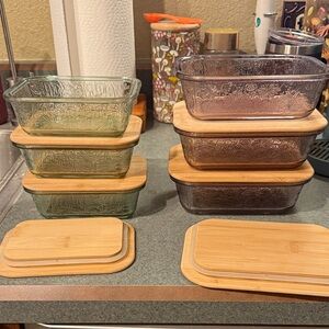 Embossed Glass Food Storage Containers with Bamboo Lids - Brown (Set of 3)